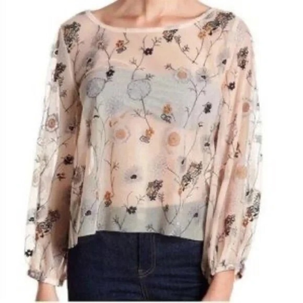 Melrose & Market Floral Embroidered Mesh Sheer Cream Blouse‎ Sz 3X Whimsical